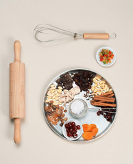 Ingredients cakes on a gray background.