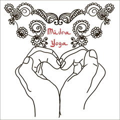 Element yoga mudra hands with mehndi patterns.