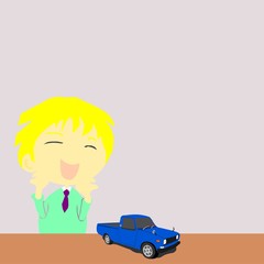 cartoon young man feel happy with retro truck model