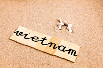 Words formed from small pieces of wood containing a sun and beach tourist destination, Vietnam