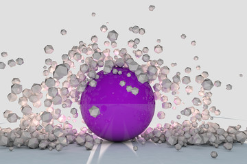 Abstract 3d objects explode around purple sphere backlit © marinv