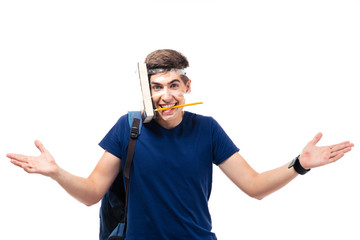 Male student with book and pencil strapped to his head