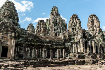 general sight of the complex of the bayon in the archaeological angkor thom place in siam reap, cambodia