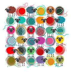 Obraz premium Knitting Yarn Balls and Sheep Square Composition