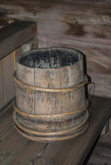 Russian home interior in the Middle Ages.Wooden barrel.
