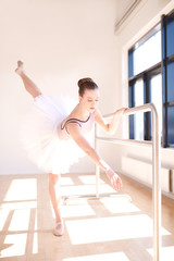 Ballerina Doing Barre Exercises in Sunny Studio