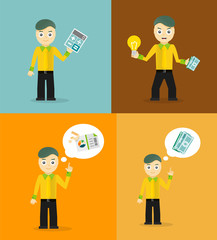 Set of cute cartoon young businessmen. Idea concept and finance