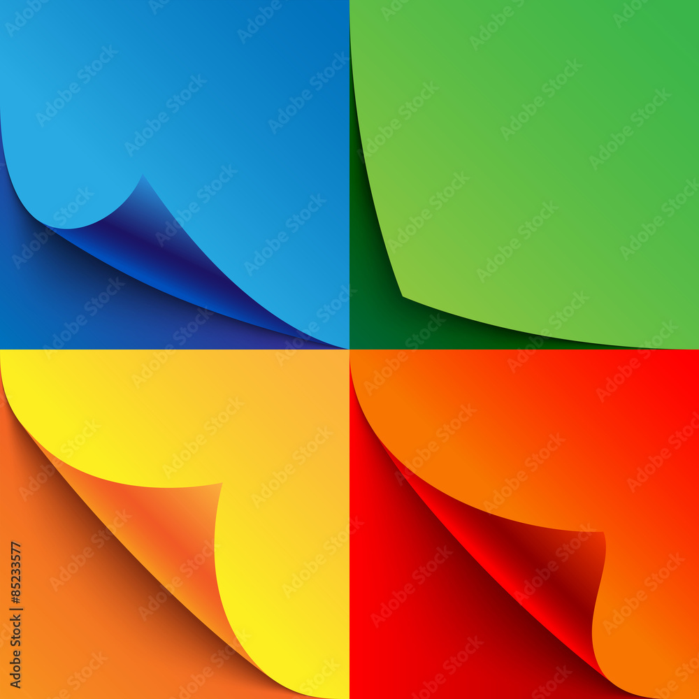 Aufkleber set of curled colorful paper page corners with realistic shadows