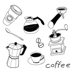 Collection of hand-drawn coffee set items