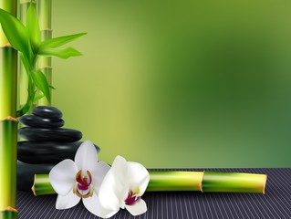 Panele Szklane  Kamień, kwiat i bambus na tle stołu