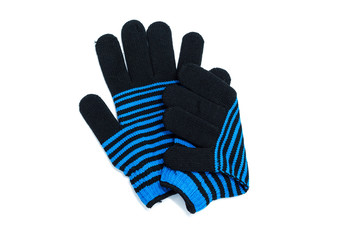 Blue Knit striped gloves isolated on white background