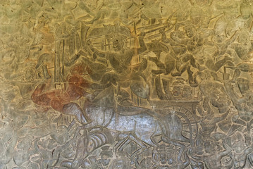 bas-reliefs representing the kurukshetra battle in the archaeological place of angkor wat in siam reap, cambodia