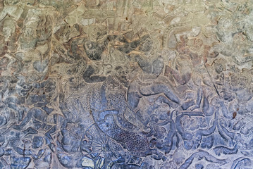 bas-reliefs representing the kurukshetra battle in the archaeological place of angkor wat in siam reap, cambodia