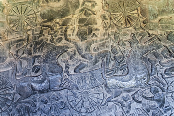 bas-reliefs representing the kurukshetra battle in the archaeological place of angkor wat in siam reap, cambodia