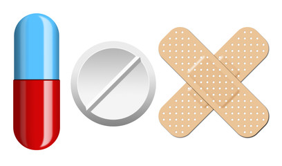 Set of pills and bandage isolation on white background