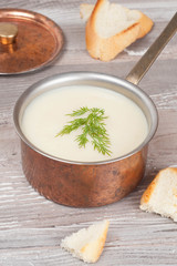 cold cauliflower soup with cottage cheese and croutons