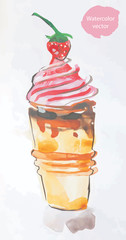 Watercolor ice cream cone with strawberry