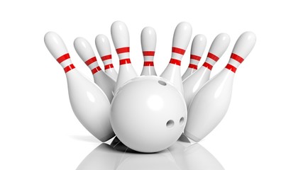 Bowling ball and pins isolated on white background