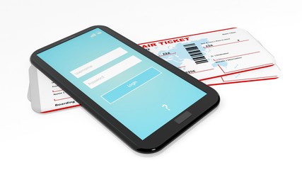 Tablet/smartphone and two air tickets isolated on white background