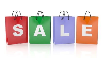 Colorful shopping bags with Sale text isolated on white background