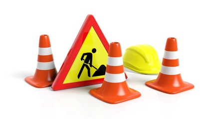 Traffic cones,helmet and warning sign isolated on white background