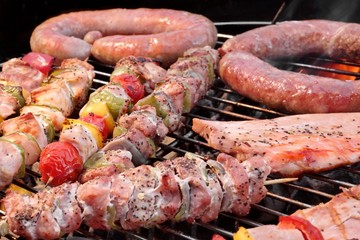 Assorted Roasted Meat with Vegetable On Barbecue Flaming Grill