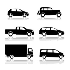 Black silhouettes of cars with shadow. vector shapes design.