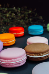 Macaron in a wooden box on black, Vintage tone
