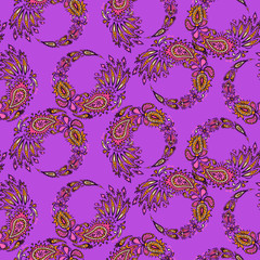 vector seamless paisley pattern. swirls of peacock feathers with floral motifs.