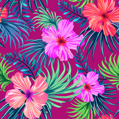 vector seamless tropical pattern. hibiscus and palm leaves in classic vintage Hawaiian design. Colorful beautiful island flowers.