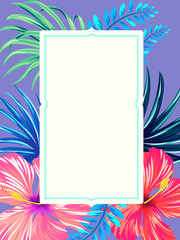 vector tropical blank with rectangular place for text, classic style. Hawaiian hibiscus and palm leaves. - 85241392