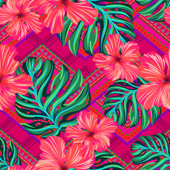 vector seamless pattern with flowers and geometric tribal shapes. hibiscus and monstera tropical leaves on ornamental background. vibrant fashionable design
- 85241544