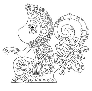 line art drawing of ethnic monkey in decorative ukrainian style