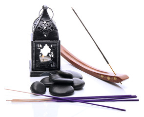 Lantern and incense on a white background - obrazy, fototapety, plakaty