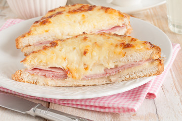 Croque Monsieur a French toasted cheese and ham sandwich