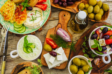 Greek cuisine dishes - Greek salad, choriatiki,  tzatziki