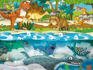 Peel and stick wall murals Dinosaurs Cartoon dinosaur land and sea - illustration