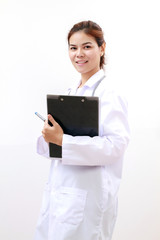 Smiling medical doctor woman asia with stethoscope and clipboard,on white background