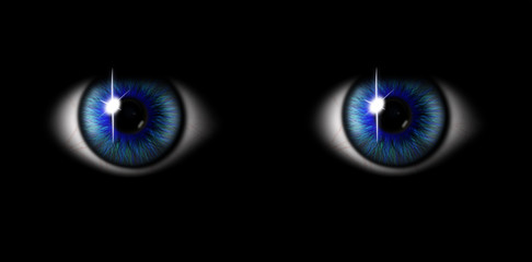 3d blue eyes on black background
