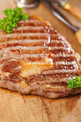 beef steak with vintage meat fork