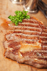 beef steak with vintage meat fork