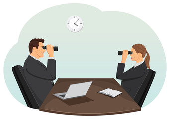 Businessman and businesswoman are using binoculars in office