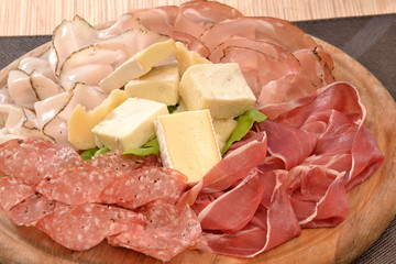 plato de variedad de cortes de jamon crudo salame prosciutto y queso.