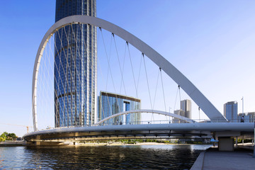 Obraz premium skyscrapers,bridge and river in modern city during sunset