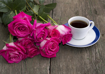 bouquet of pink roses and coffee, still life