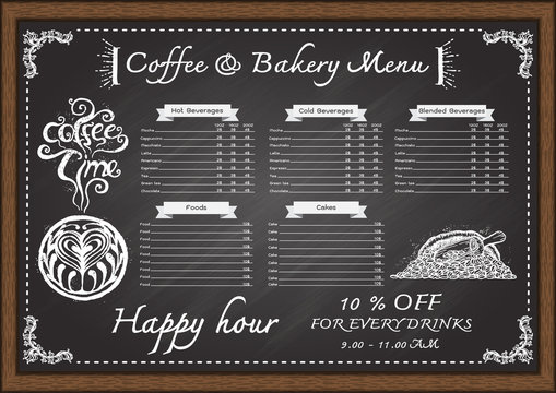 Hand drawn cafe menu con chalkboard design template.