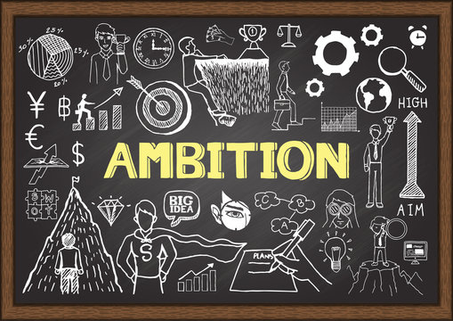 Business doodles on chalkboard with ambition concept.