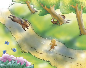 A sweet ginger bread boy is running in the country with a dog. Digital illustration of the gingerbread boy fairy tale. 