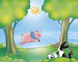 Cute pig running in the country white a funny family of rabbits are looking at him. Digital illustration for Gingerbread boy fairy tale.
