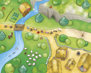 Air view of trees, cultivated fields, paths and country people.  A funny digital illustration for Gingerbread boy fairy tale.